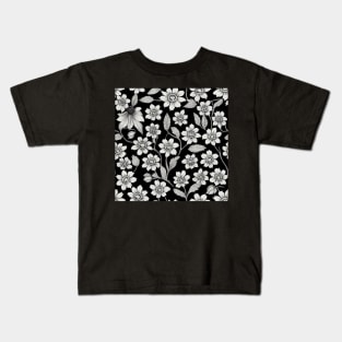 Black and White Vintage Floral Cottagecore Gothic Romantic Flower Peony Rose Leaf Design Kids T-Shirt